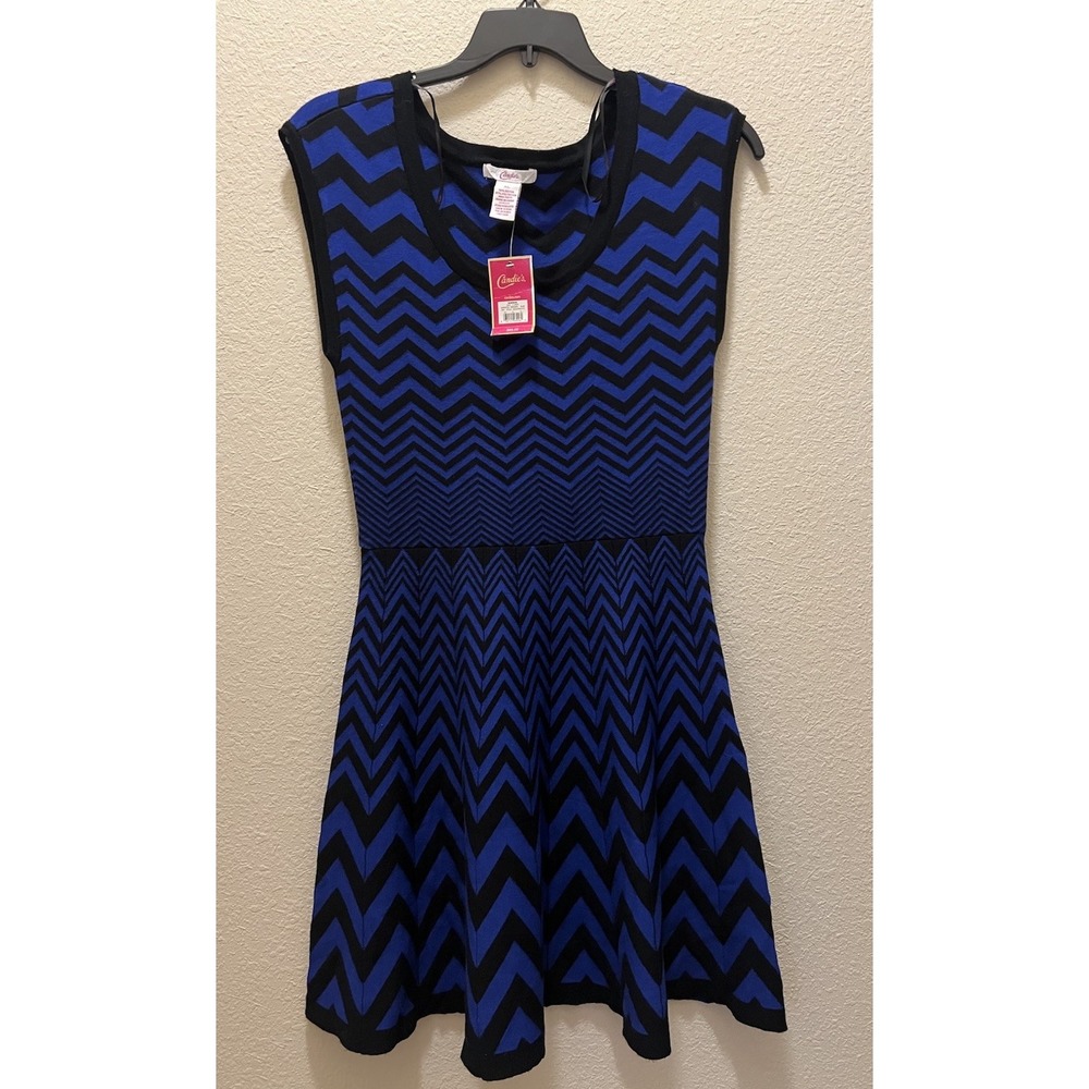 Candie's Sweater Dress‎ A-Line Sleeveless Black Blue Chevron Size XL NWT